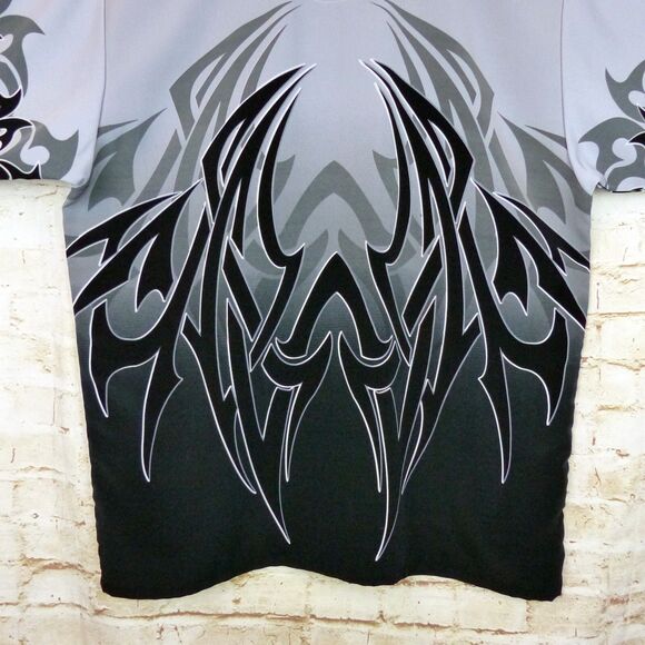 VTG Dragonfly Shirt Men M Gray Black Tribal Flame Button Loop Collar Grunge Bike - Picture 13 of 13